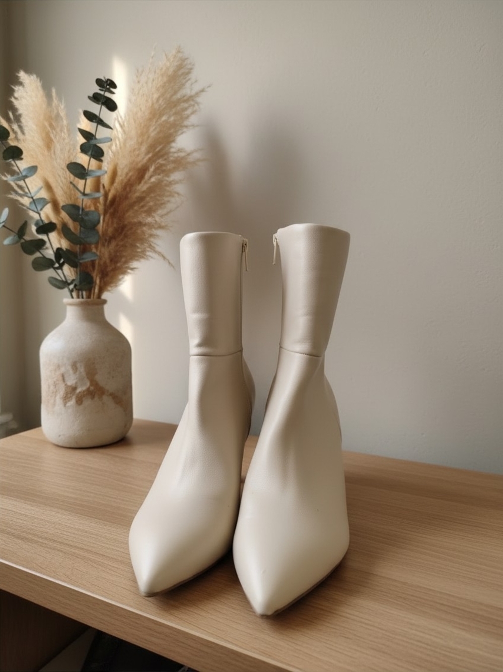 Women’s Pointed Toe Leather Mid-Calf Boots in Cream